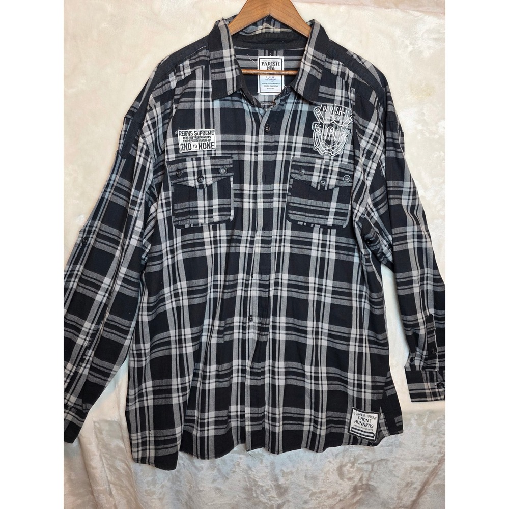 Parish Nation Mens 4XL Plaid Button Down Shirt Black White Graphic Patch